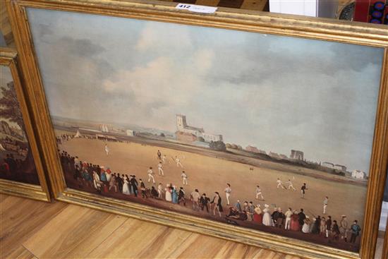 Six oileographs, all reproductions of famous early depictions of cricket, largest 51 x 74cm